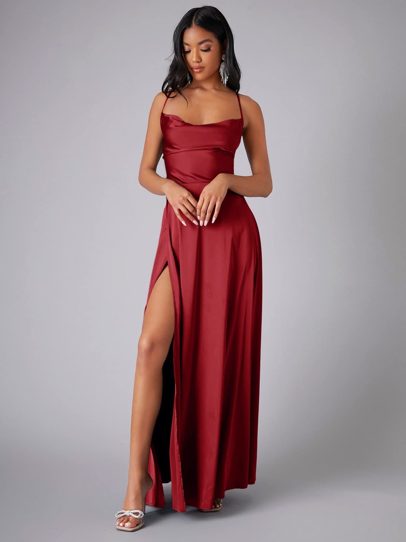 Women's cowl neck backless maxi dress with slit