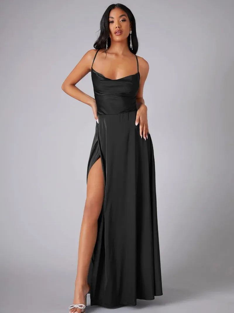 Women's cowl neck backless maxi dress with slit