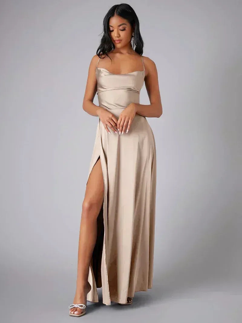 Women's cowl neck backless maxi dress with slit