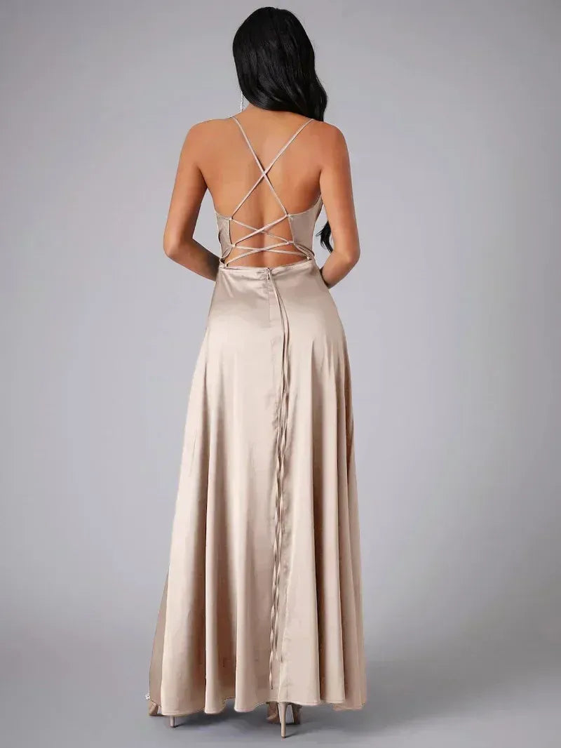 Women's cowl neck backless maxi dress with slit
