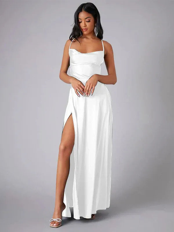 Women's cowl neck backless maxi dress with slit