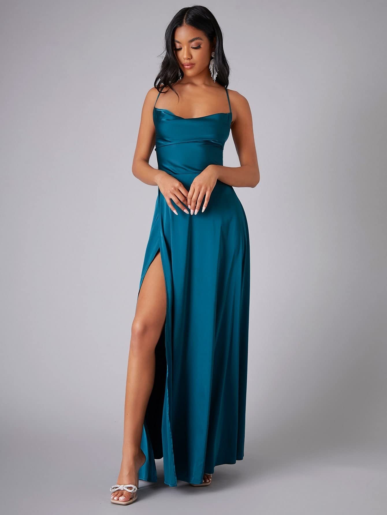 Women's cowl neck backless maxi dress with slit