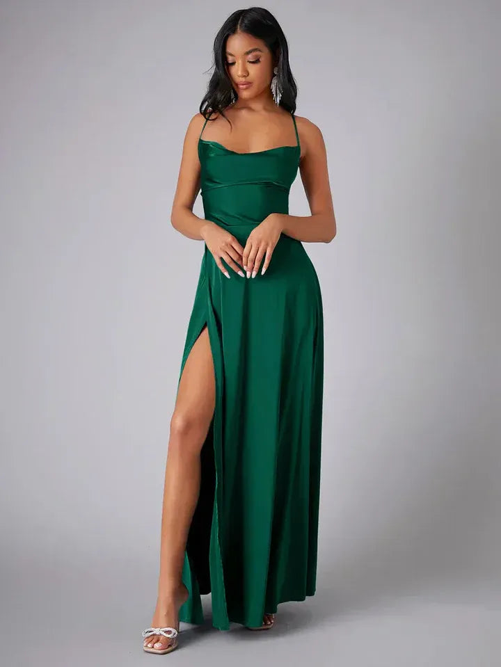 Women's cowl neck backless maxi dress with slit