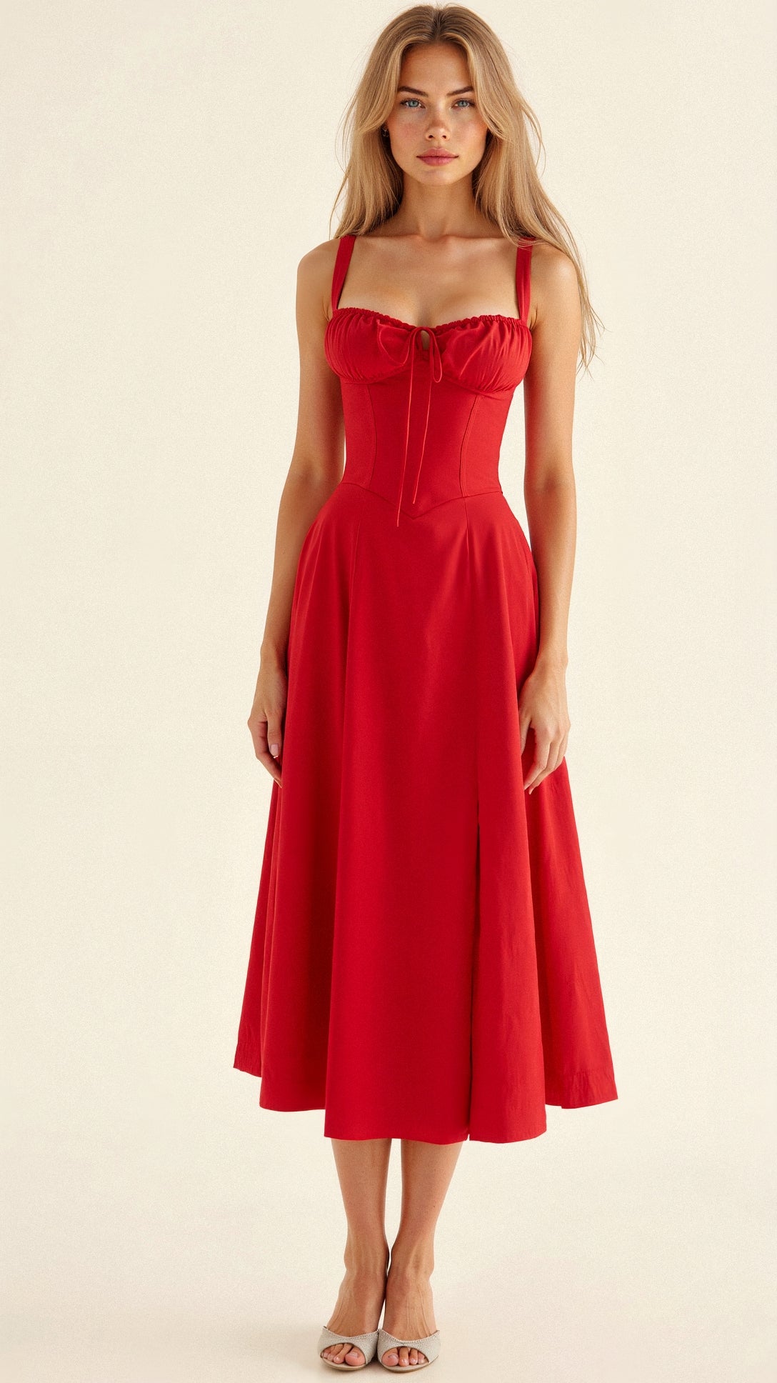 Women’s Midi Dress with Defined Waist and Flared Skirt