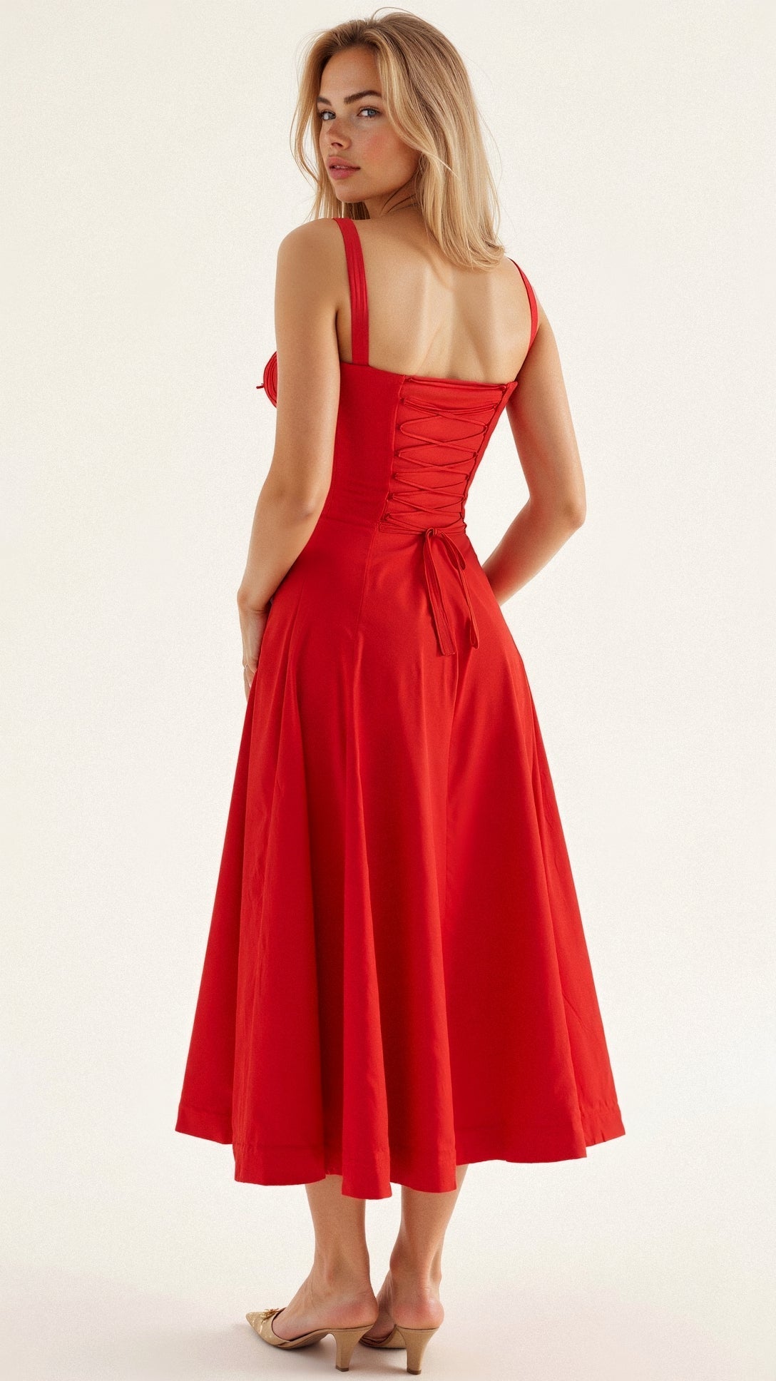 Women’s Midi Dress with Defined Waist and Flared Skirt