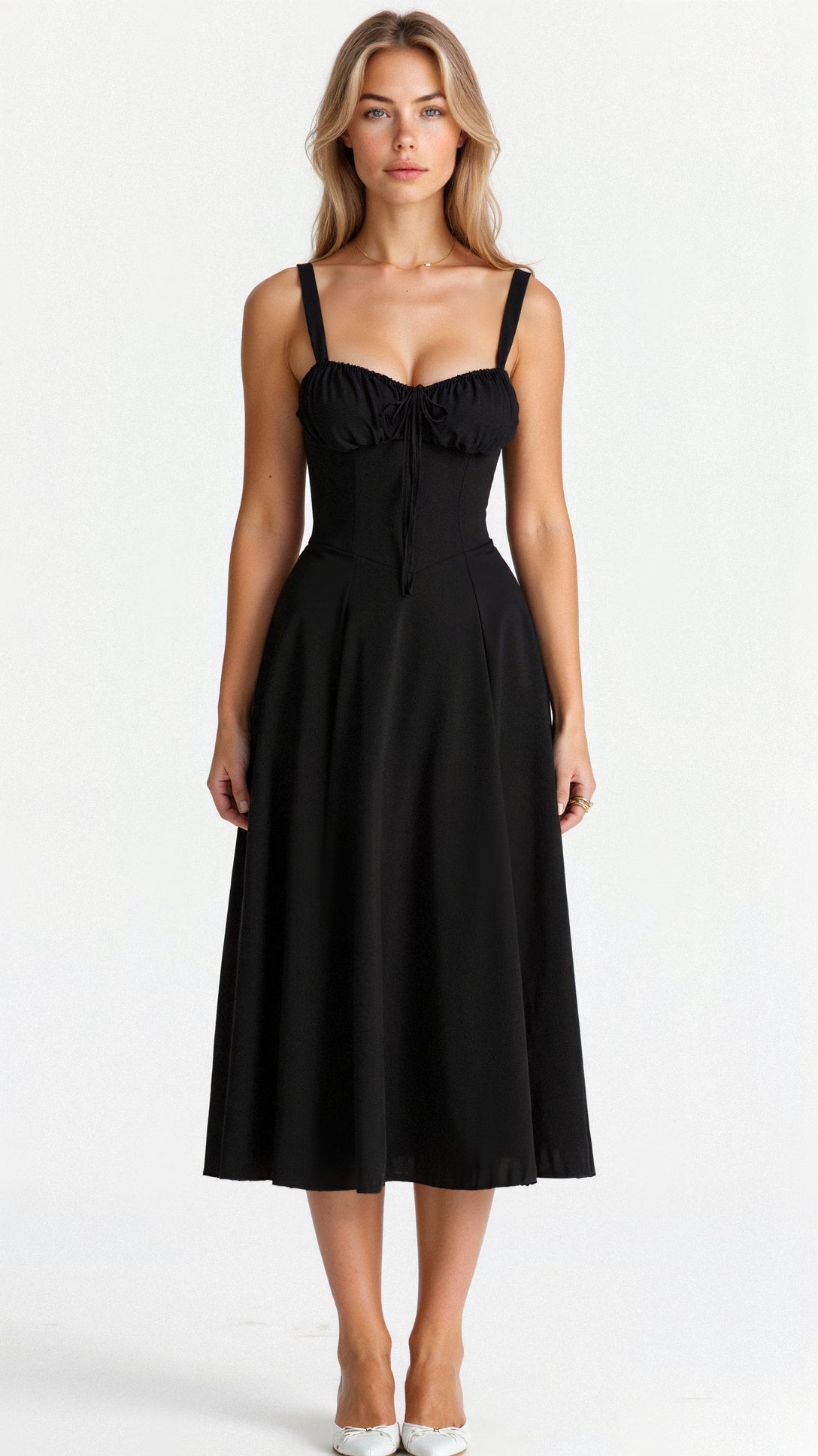 Women’s Midi Dress with Defined Waist and Flared Skirt
