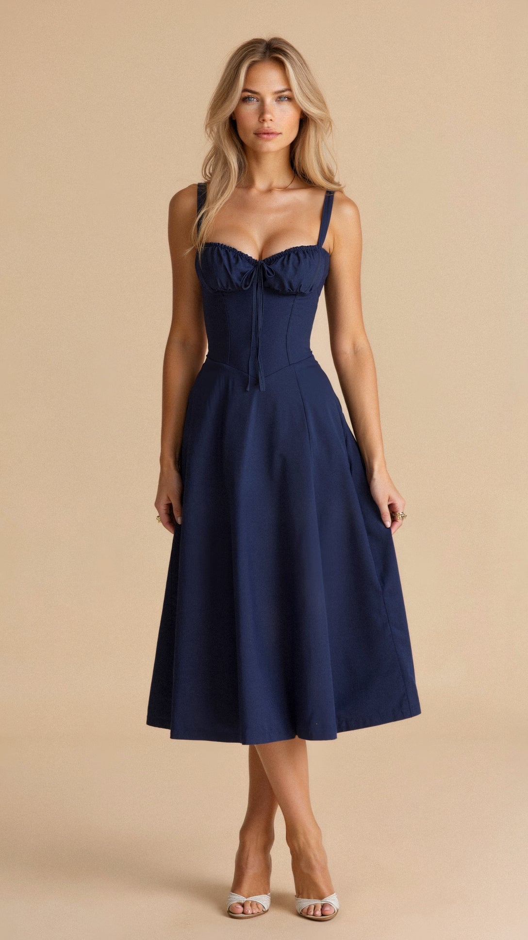 Women’s Midi Dress with Defined Waist and Flared Skirt