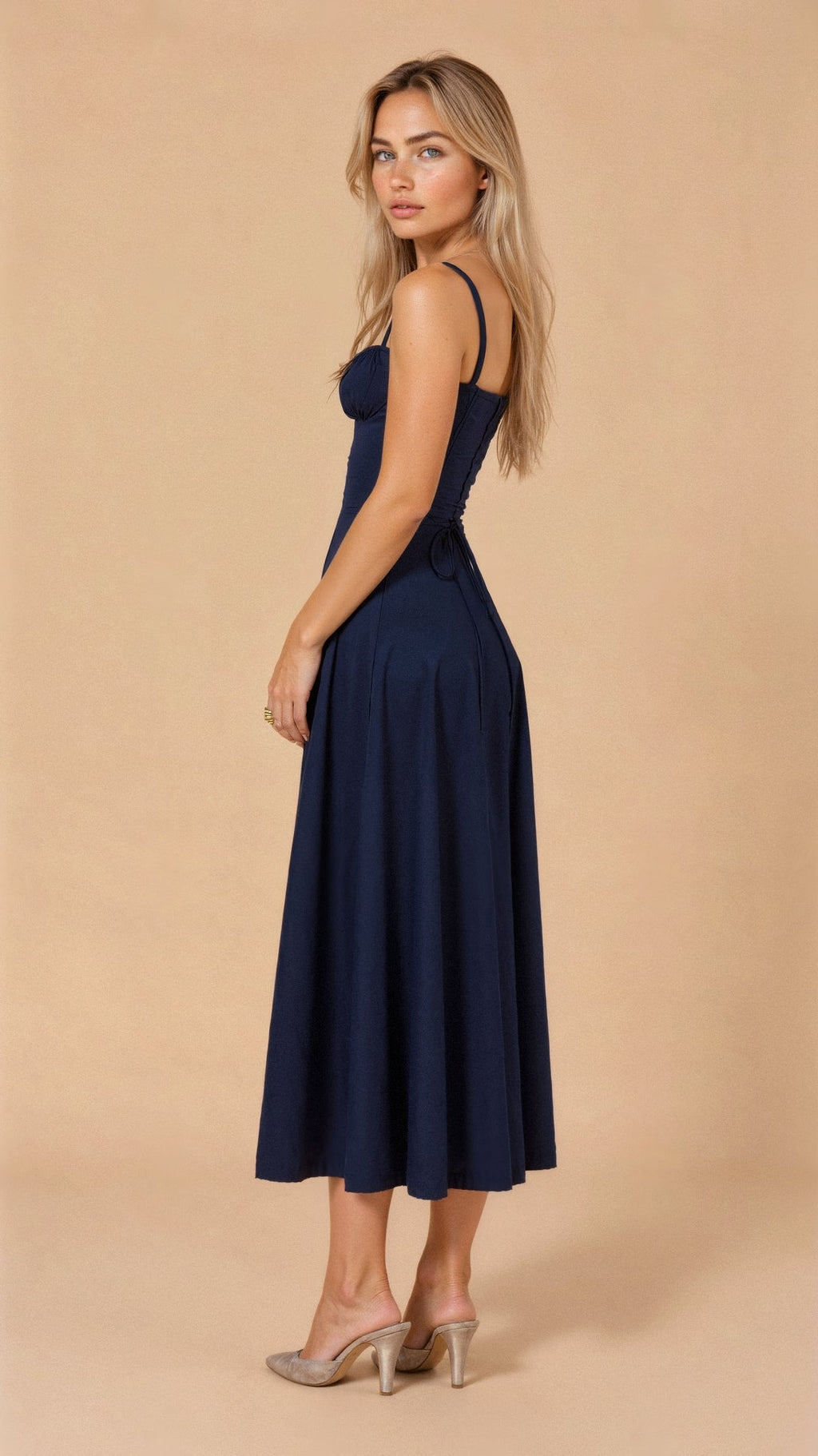 Women’s Midi Dress with Defined Waist and Flared Skirt