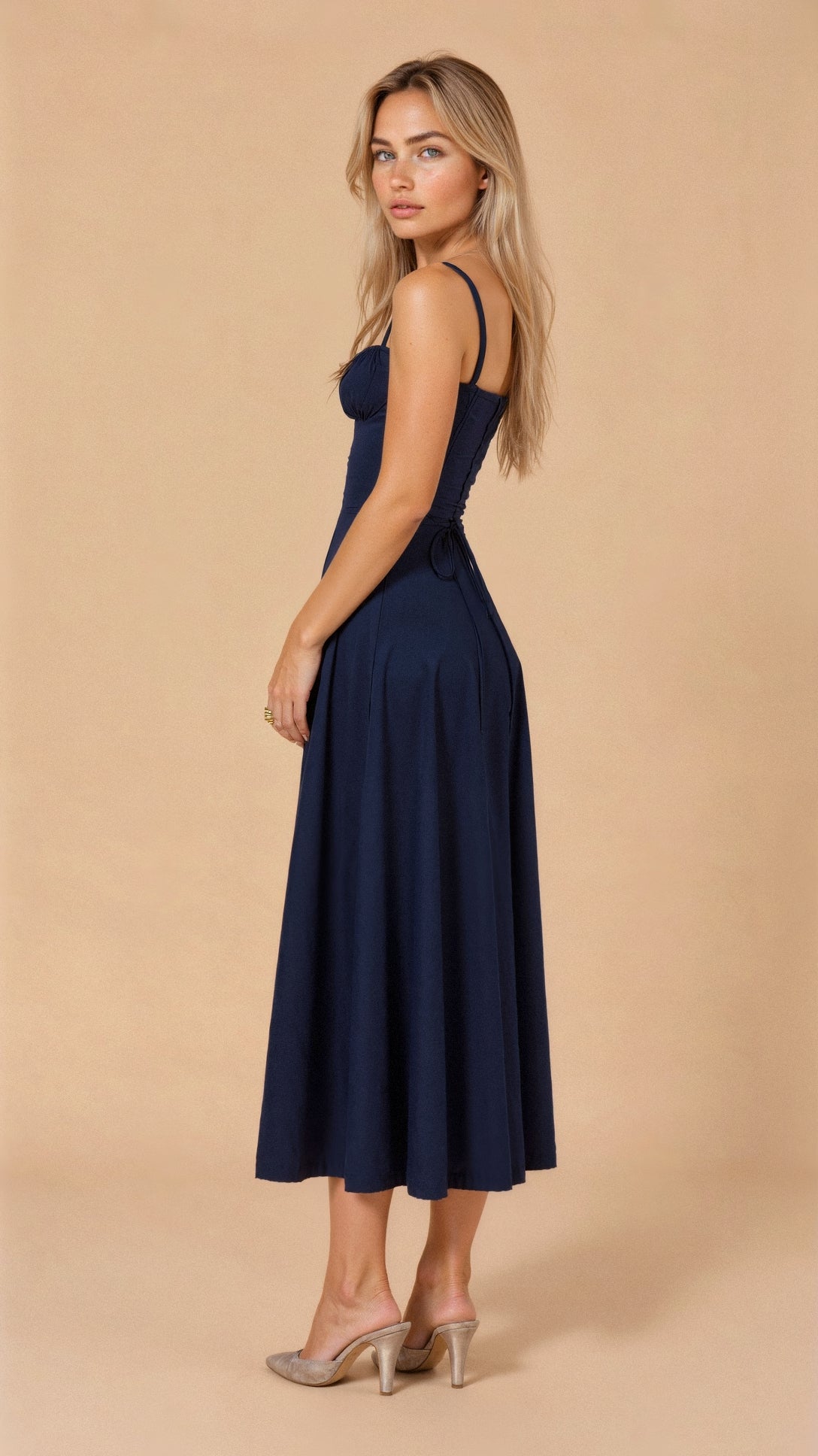 Women’s Midi Dress with Defined Waist and Flared Skirt