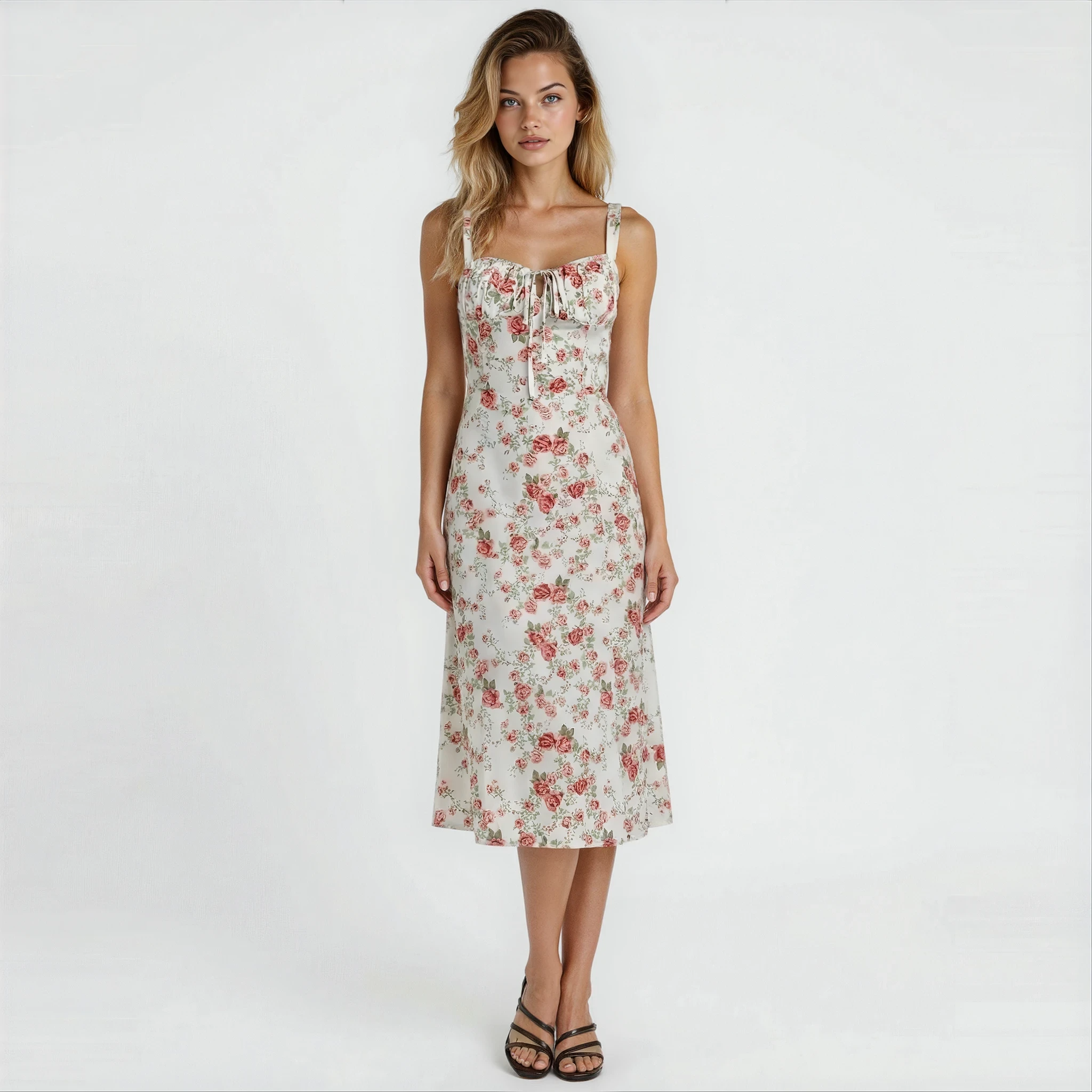 Women’s Midi Dress with Defined Waist and Flared Skirt