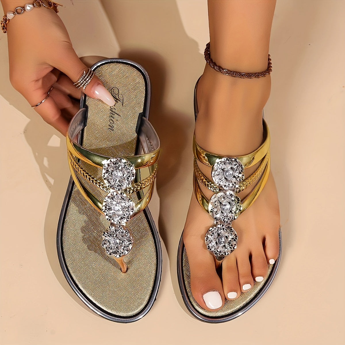 Women's flat sandals with rhinestone T-strap