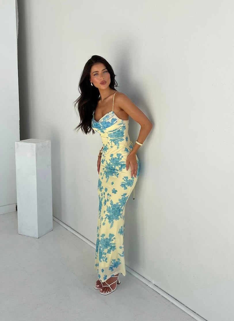 Women's floral maxi dress with defined waist