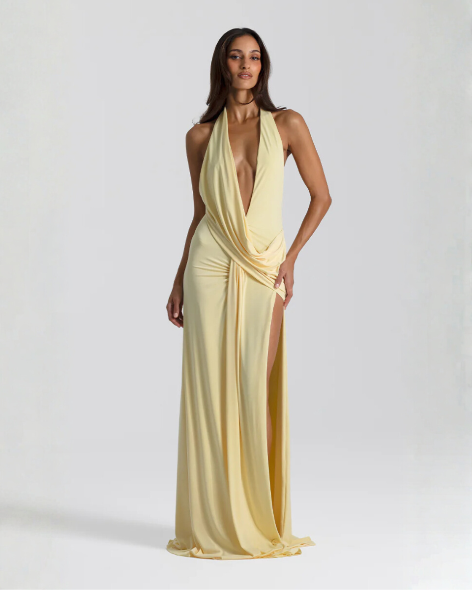 Women’s Halter Maxi Dress with Open Back and Front Slit