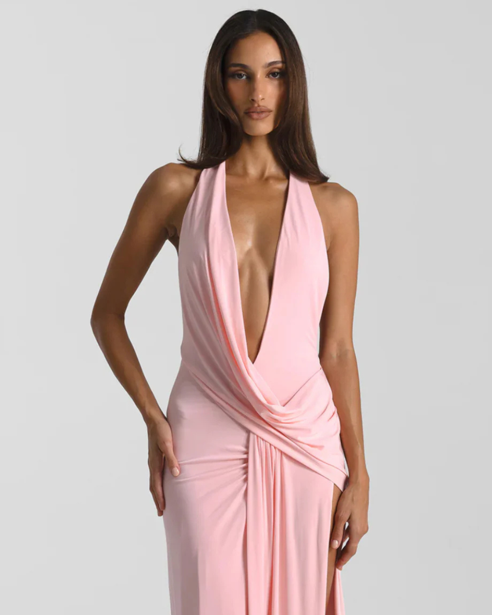 Women’s Halter Maxi Dress with Open Back and Front Slit