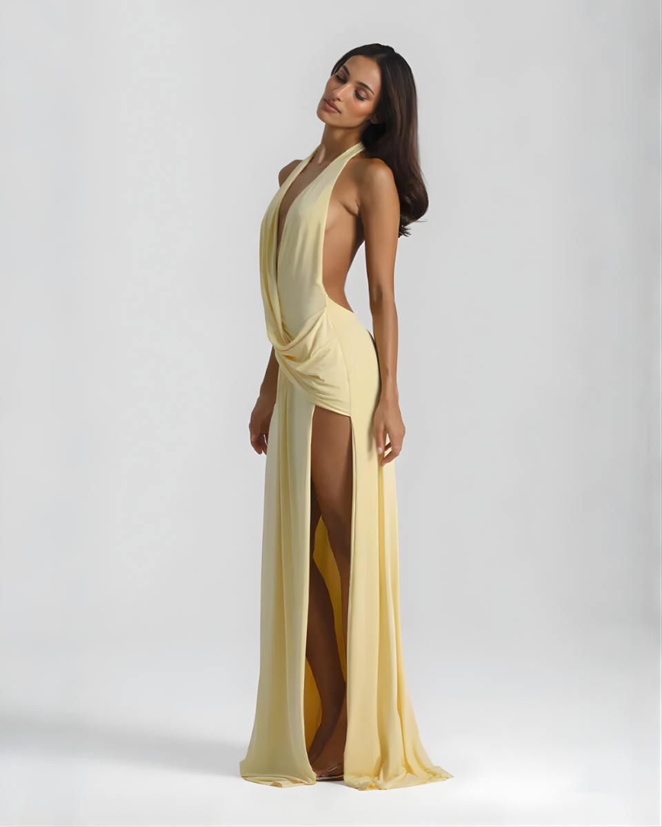 Women’s Halter Maxi Dress with Open Back and Front Slit