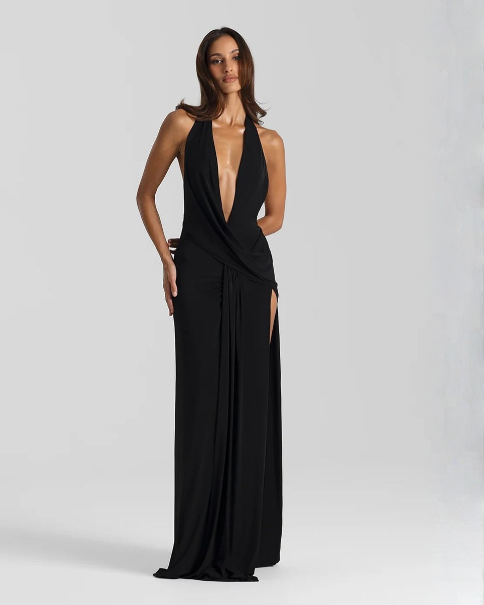 Women’s Halter Maxi Dress with Open Back and Front Slit