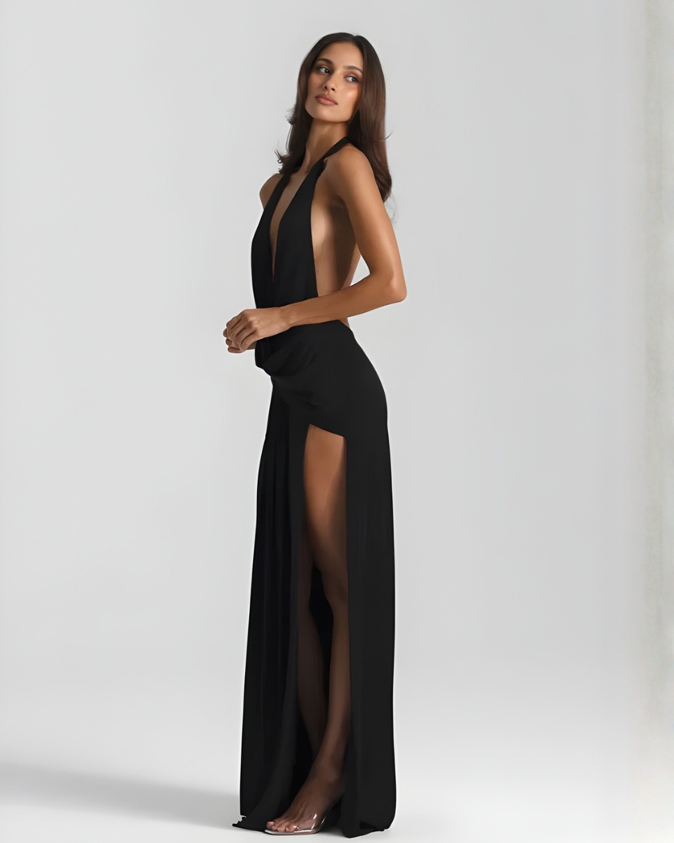 Women’s Halter Maxi Dress with Open Back and Front Slit