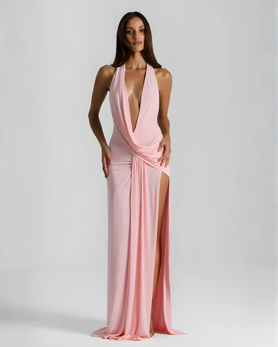 Women’s Halter Maxi Dress with Open Back and Front Slit