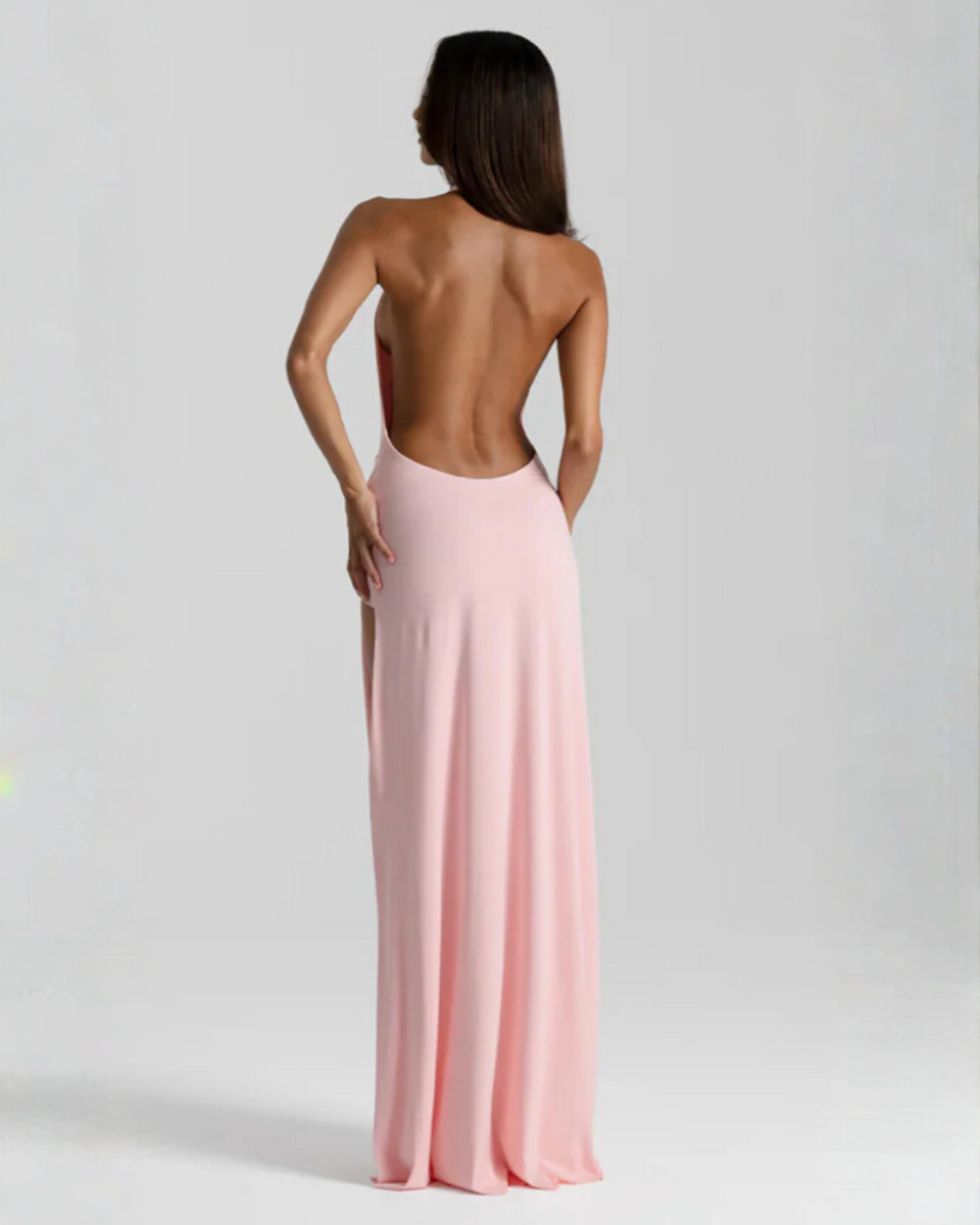 Women’s Halter Maxi Dress with Open Back and Front Slit