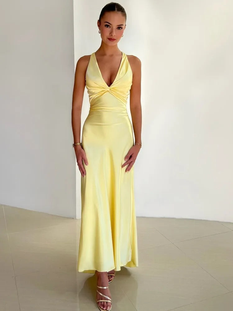 Women's halter neck maxi dress with ruched backless detail