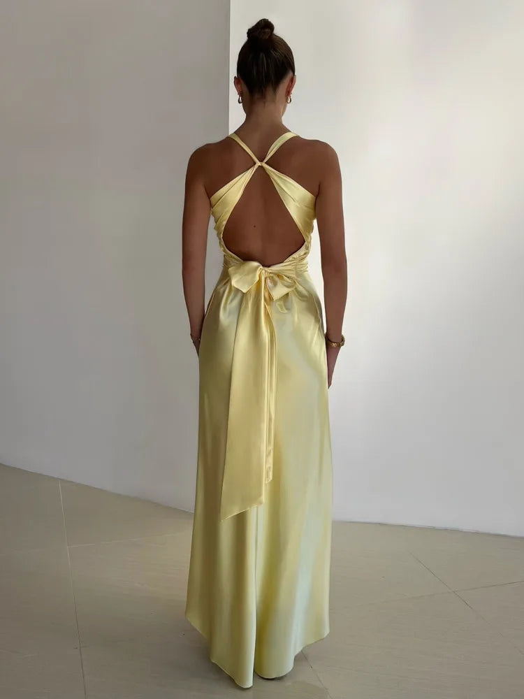 Women's halter neck maxi dress with ruched backless detail