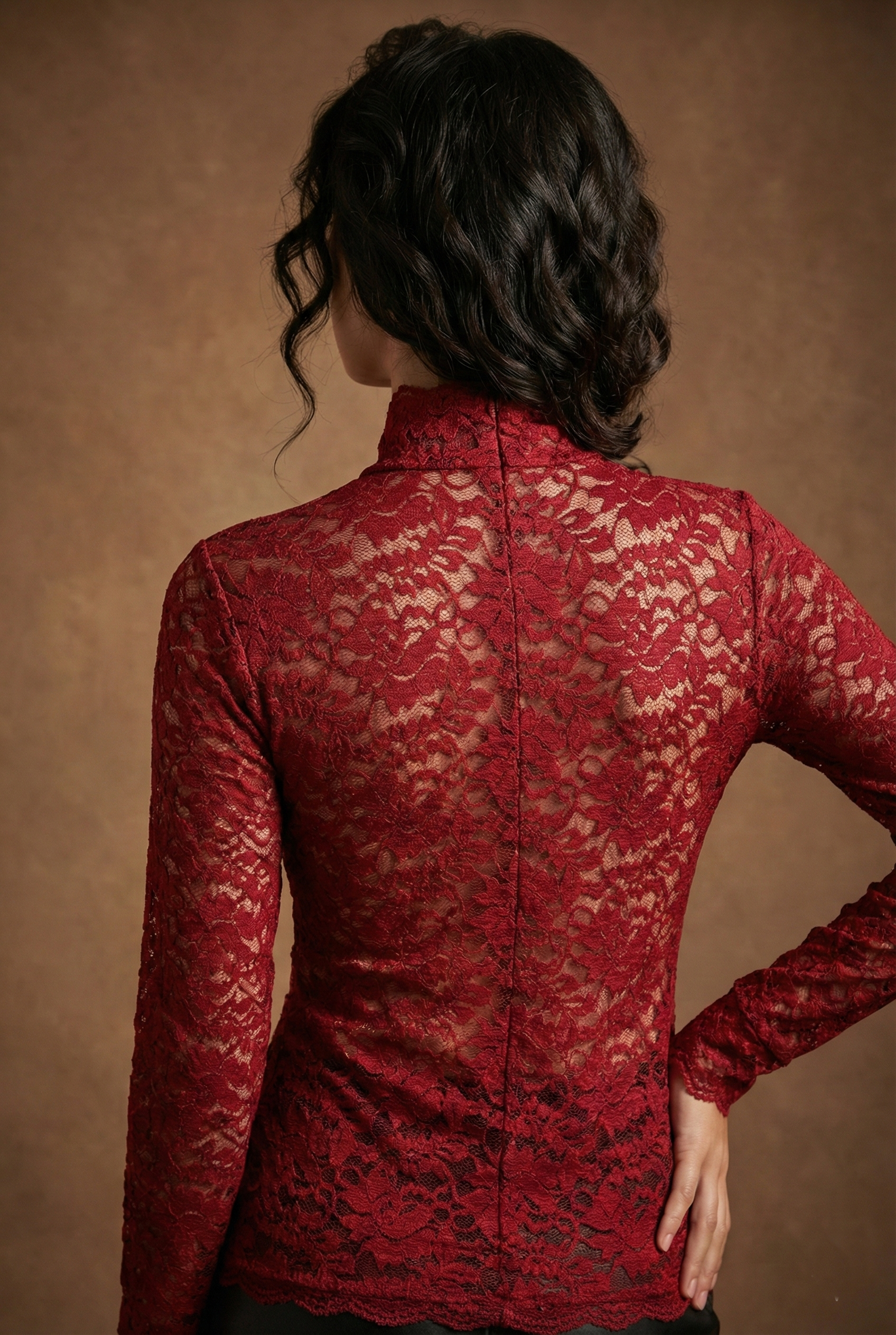 Women's high-neck blouse with floral lace and long sleeves