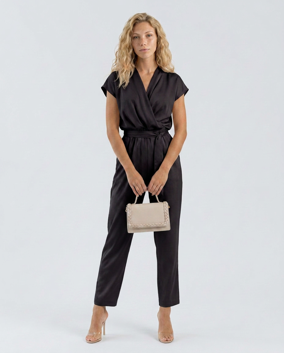 Women's jumpsuit with wrap front and waist tie