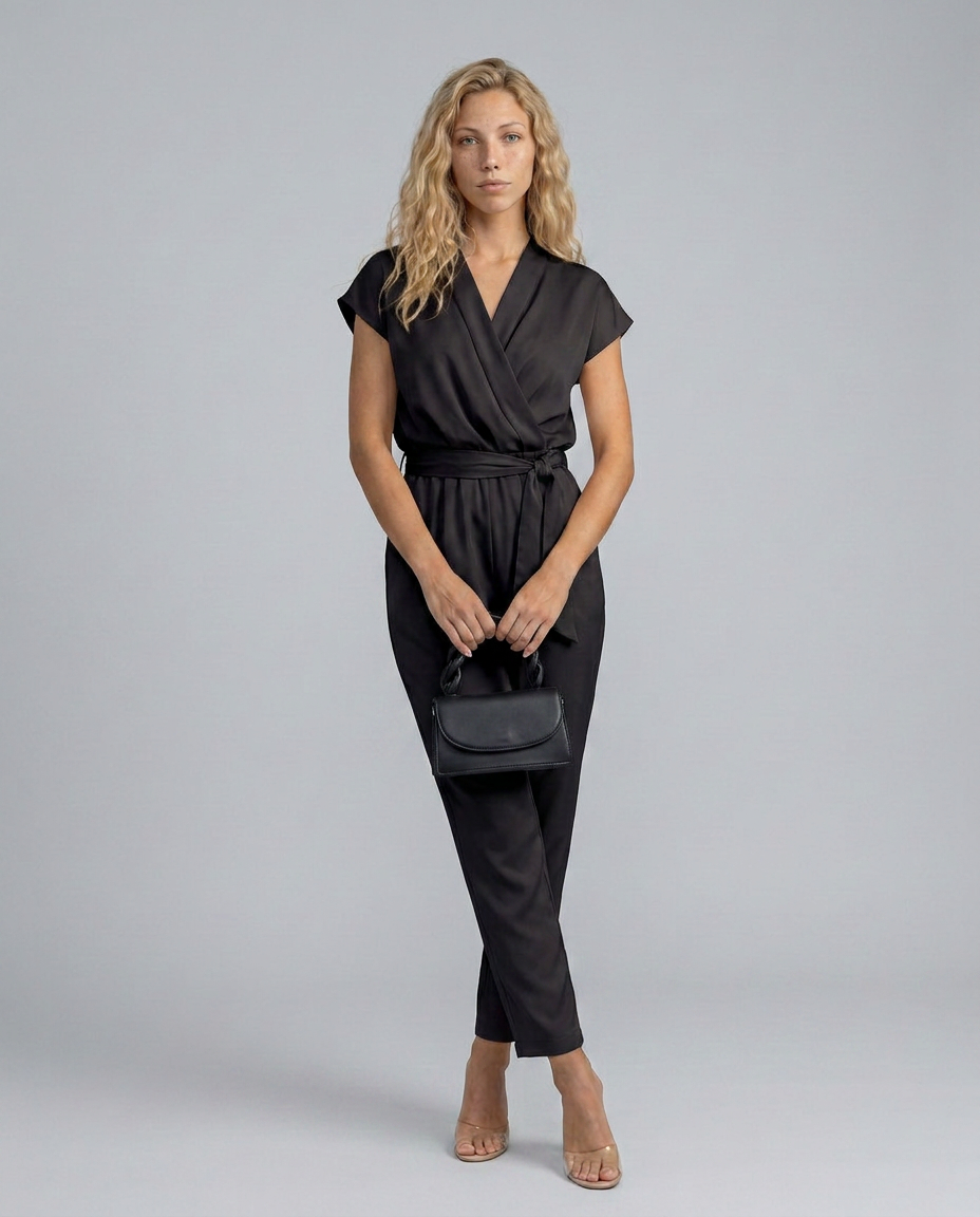 Women's jumpsuit with wrap front and waist tie