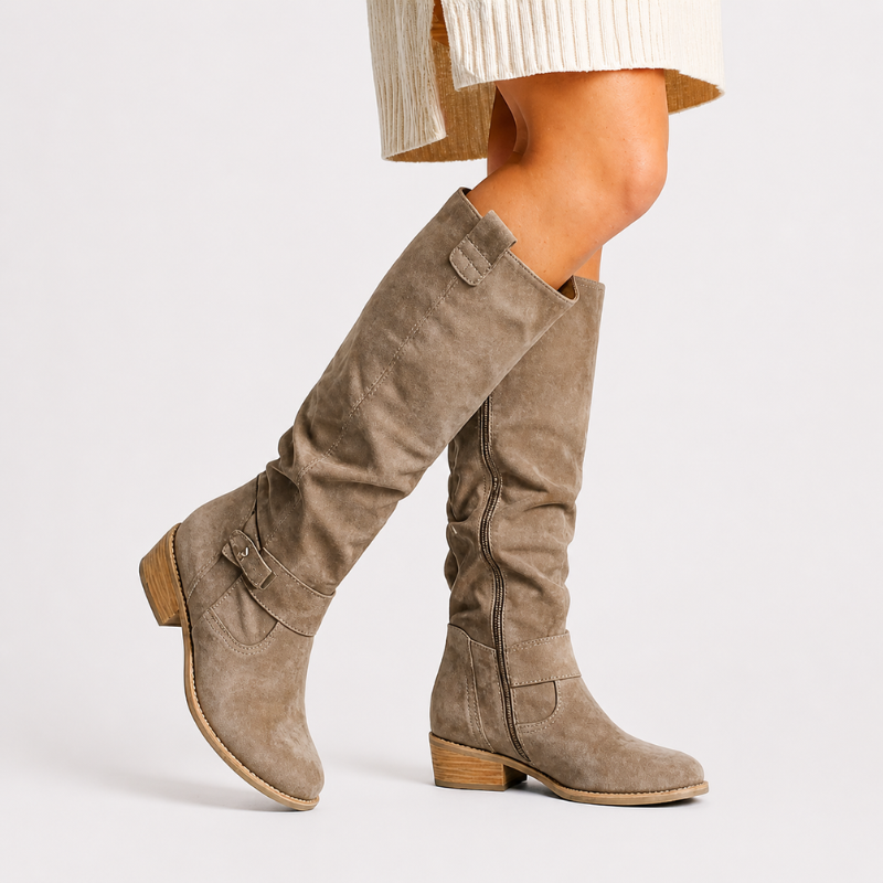 Women's knee-high boots with low heel and side detail