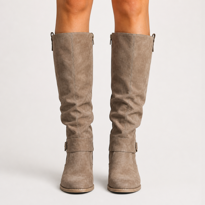 Women's knee-high boots with low heel and side detail