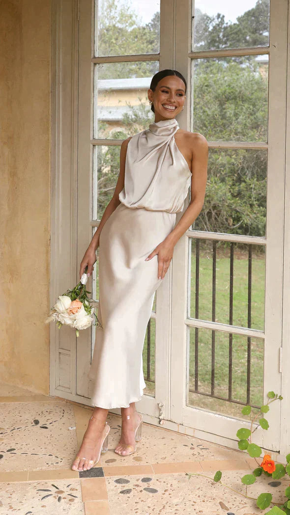 Women's long shimmer dress with fitted bodice