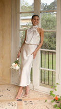 Women's long shimmer dress with fitted bodice