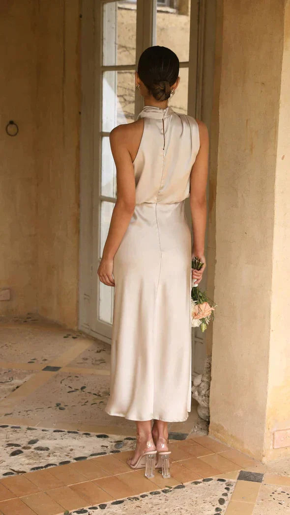 Women's long shimmer dress with fitted bodice