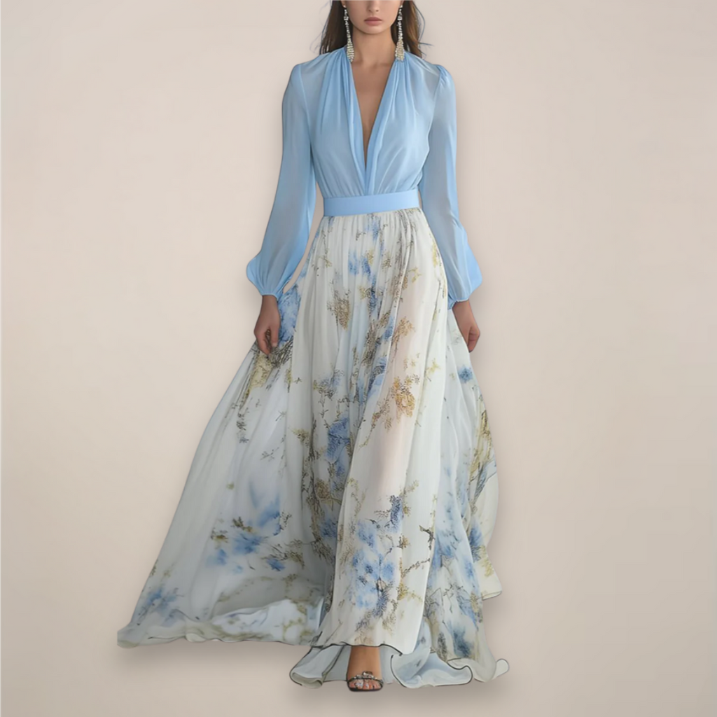 Women's long-sleeve floral maxi dress with V-neck