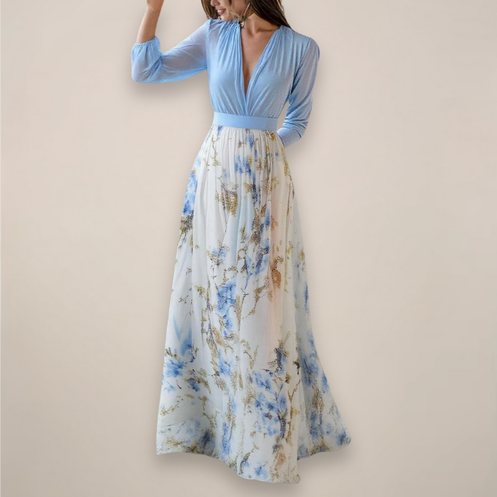 Women's long-sleeve floral maxi dress with V-neck