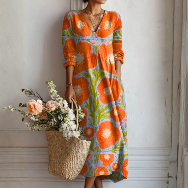 Women's long-sleeve maxi dress with V-neck and floral print