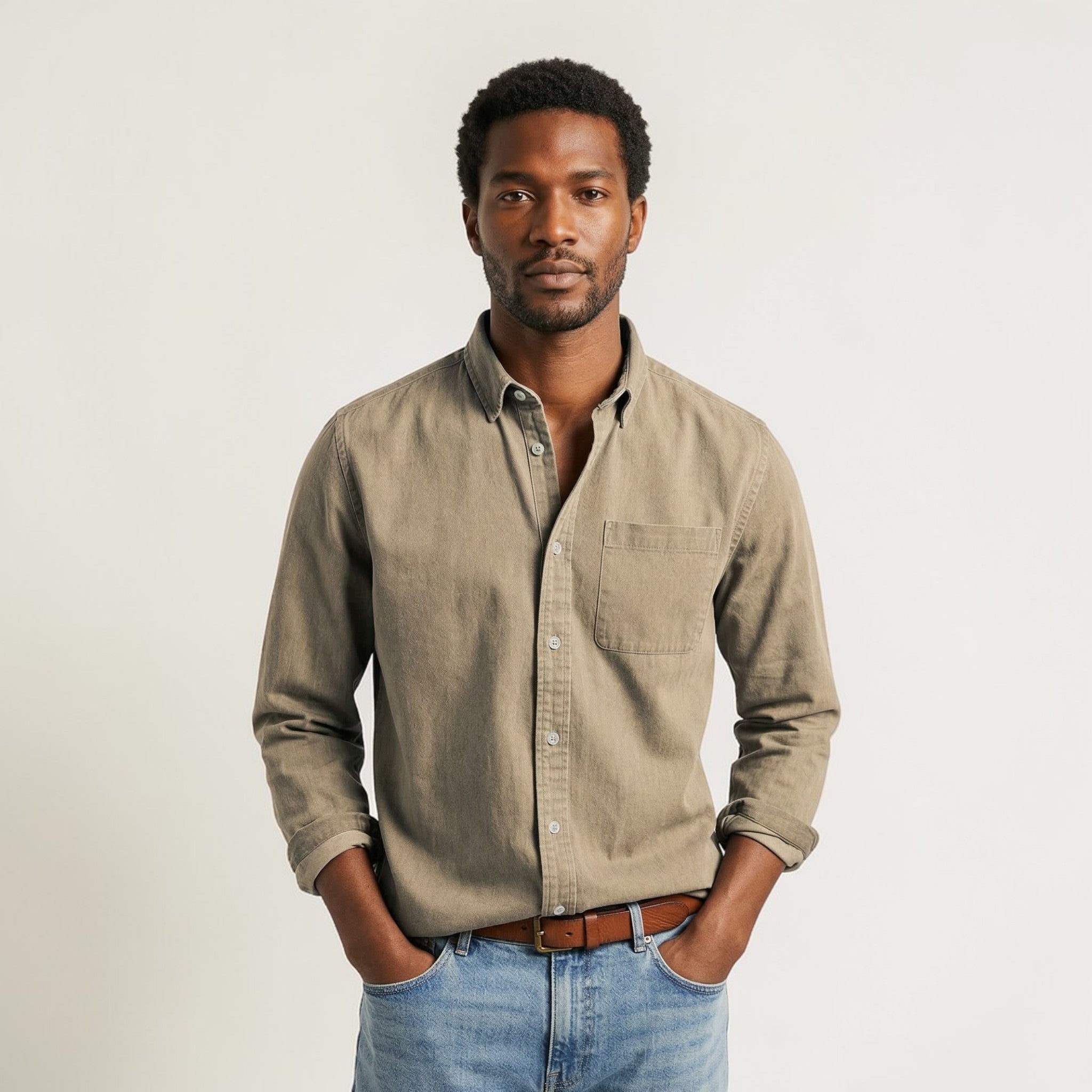 Men's long-sleeve shirt with button placket and collar
