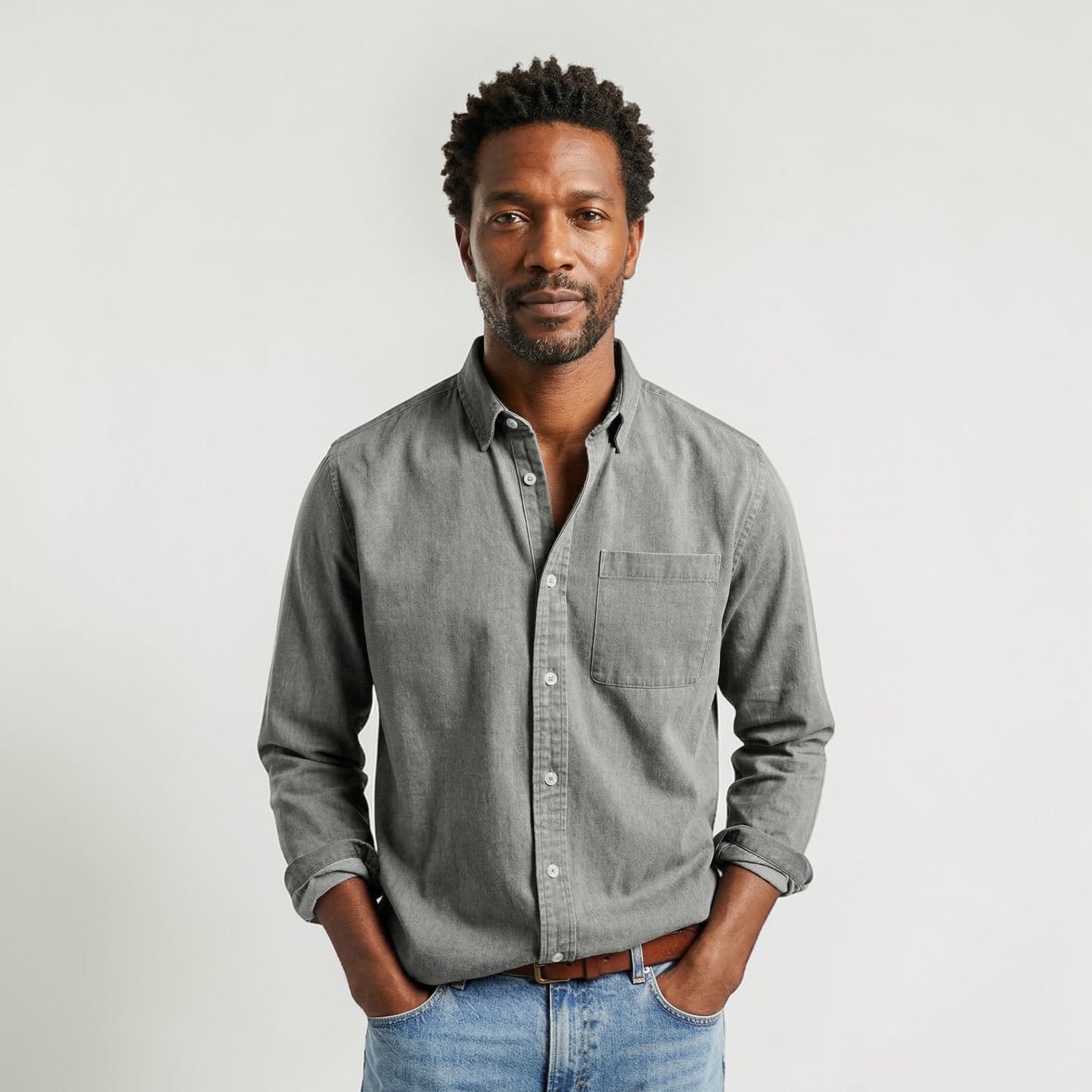 Men's long-sleeve shirt with button placket and collar