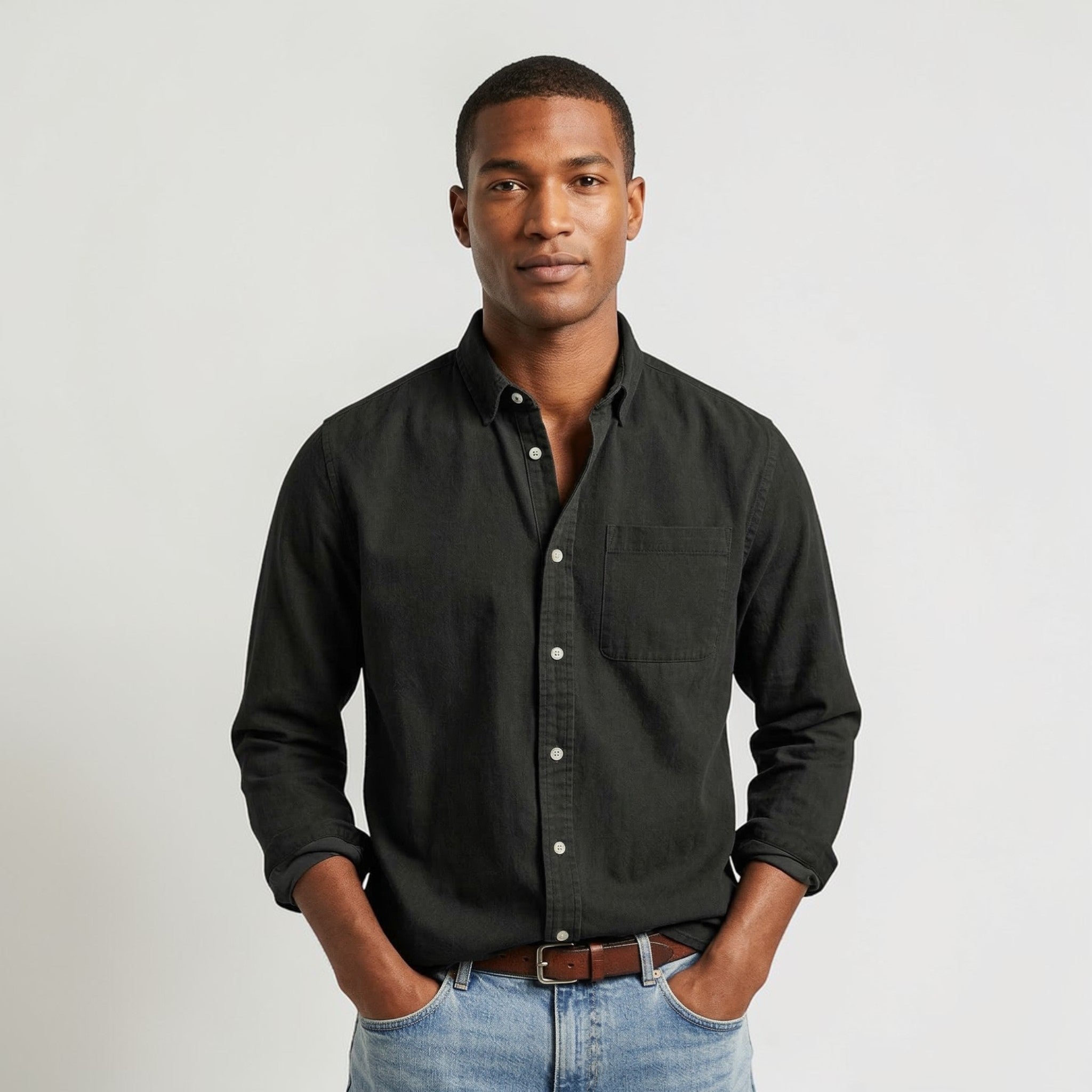 Men's long-sleeve shirt with button placket and collar