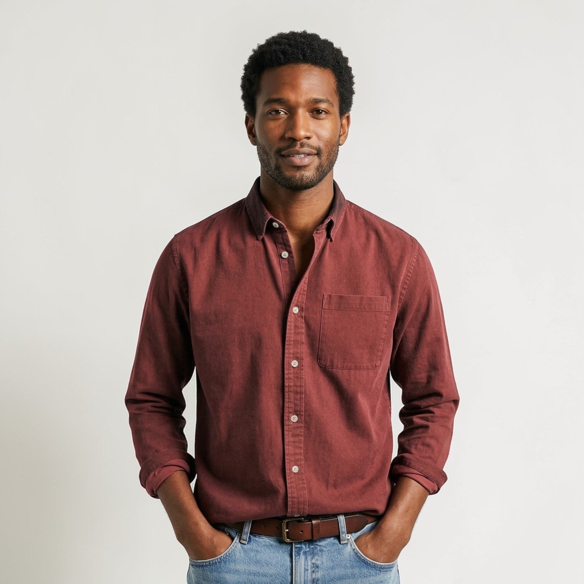Men's long-sleeve shirt with button placket and collar