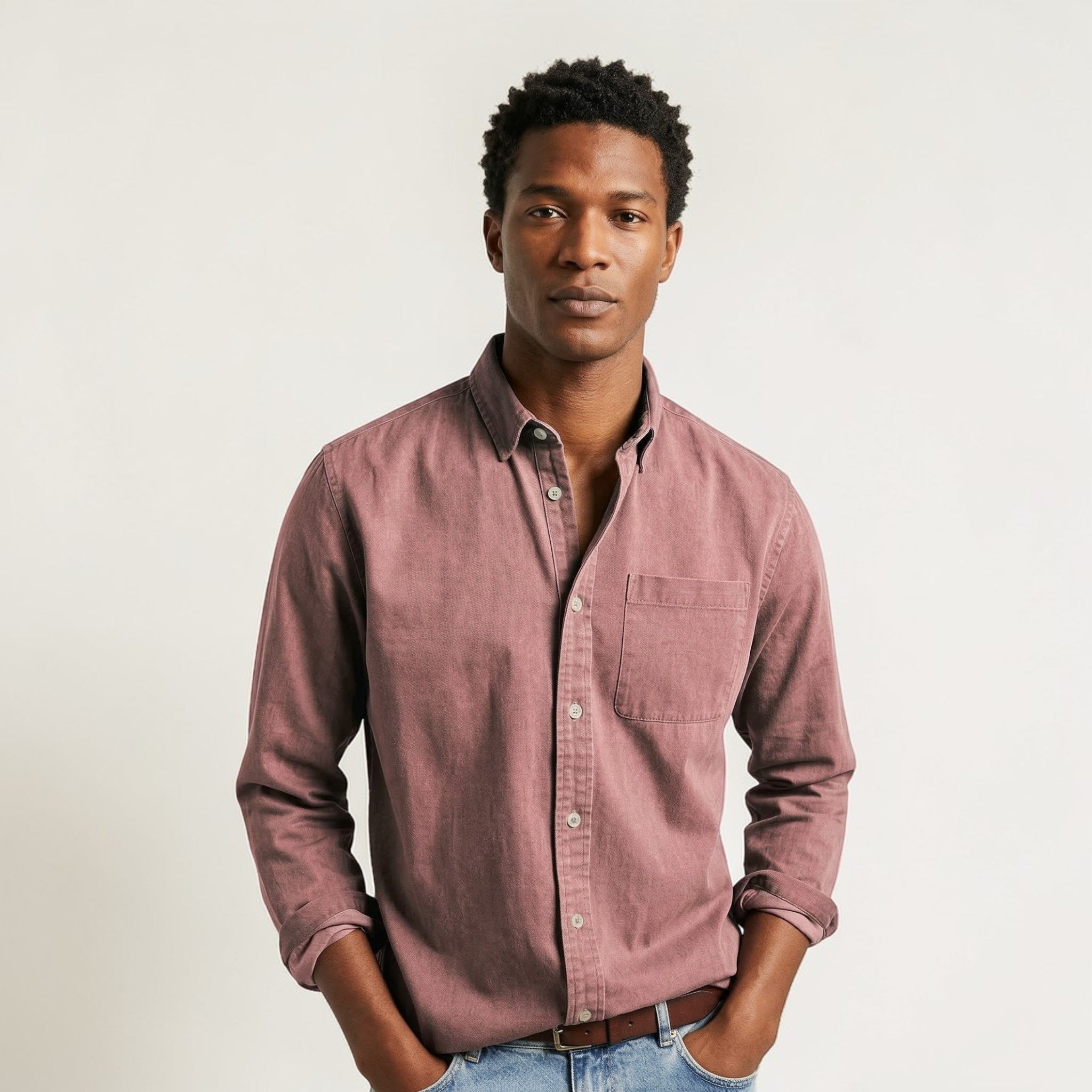 Men's long-sleeve shirt with button placket and collar