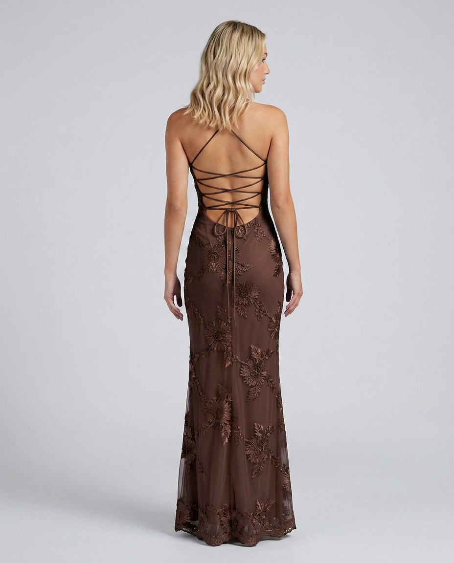 Women’s Strapless Maxi Dress with Floral Lace and Lace-Up Back