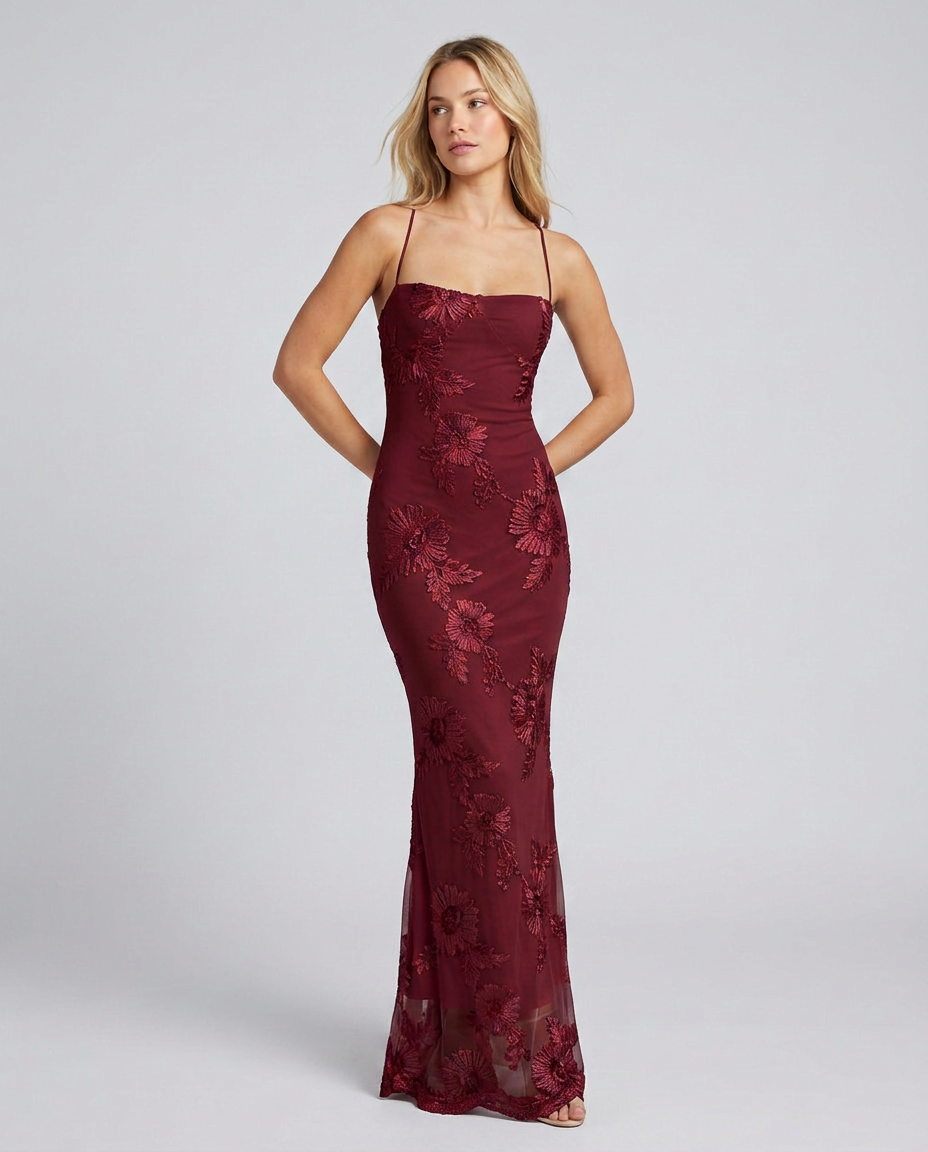 Women’s Strapless Maxi Dress with Floral Lace and Lace-Up Back