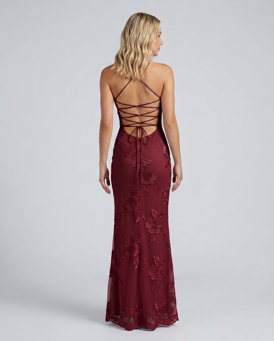 Women’s Strapless Maxi Dress with Floral Lace and Lace-Up Back