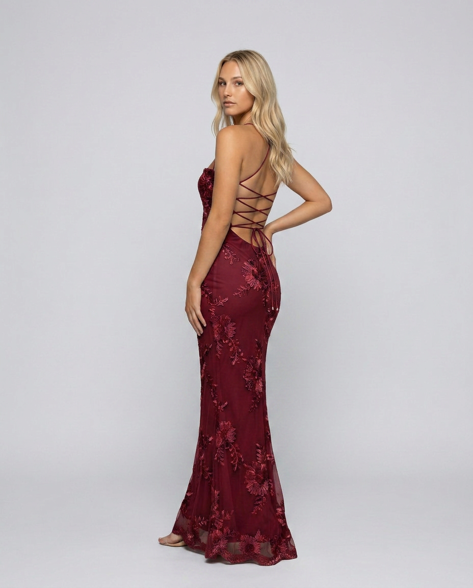 Women’s Strapless Maxi Dress with Floral Lace and Lace-Up Back