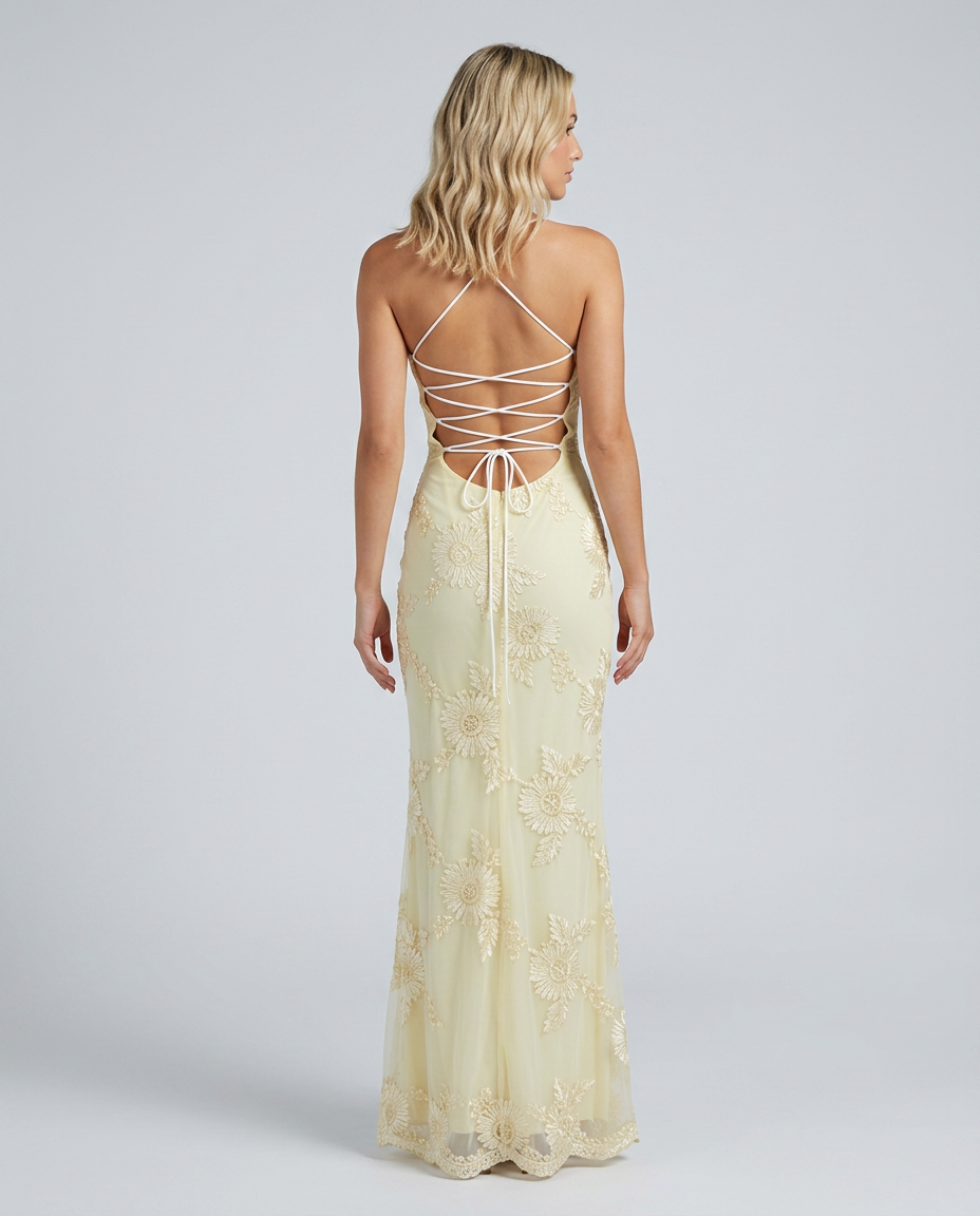 Women’s Strapless Maxi Dress with Floral Lace and Lace-Up Back