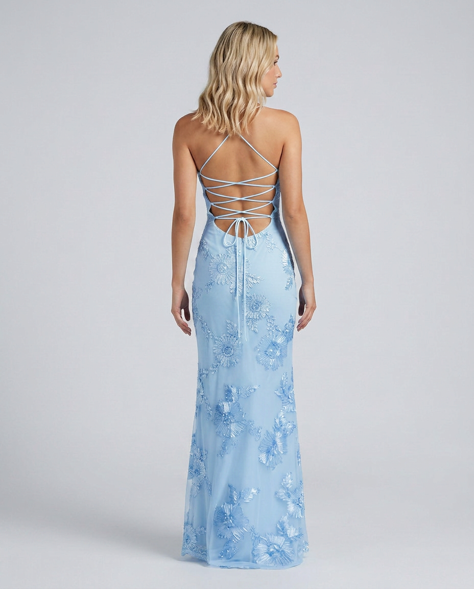 Women’s Strapless Maxi Dress with Floral Lace and Lace-Up Back