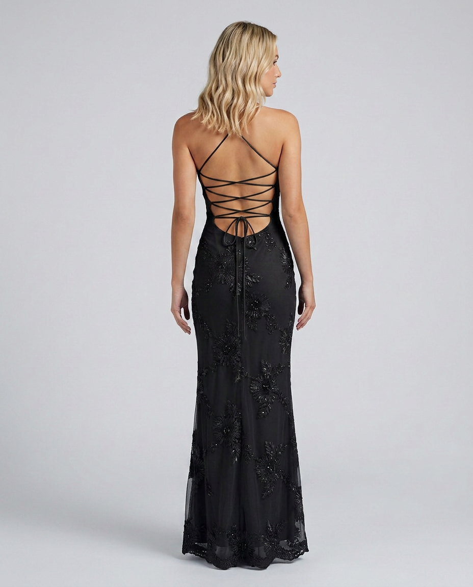 Women’s Strapless Maxi Dress with Floral Lace and Lace-Up Back