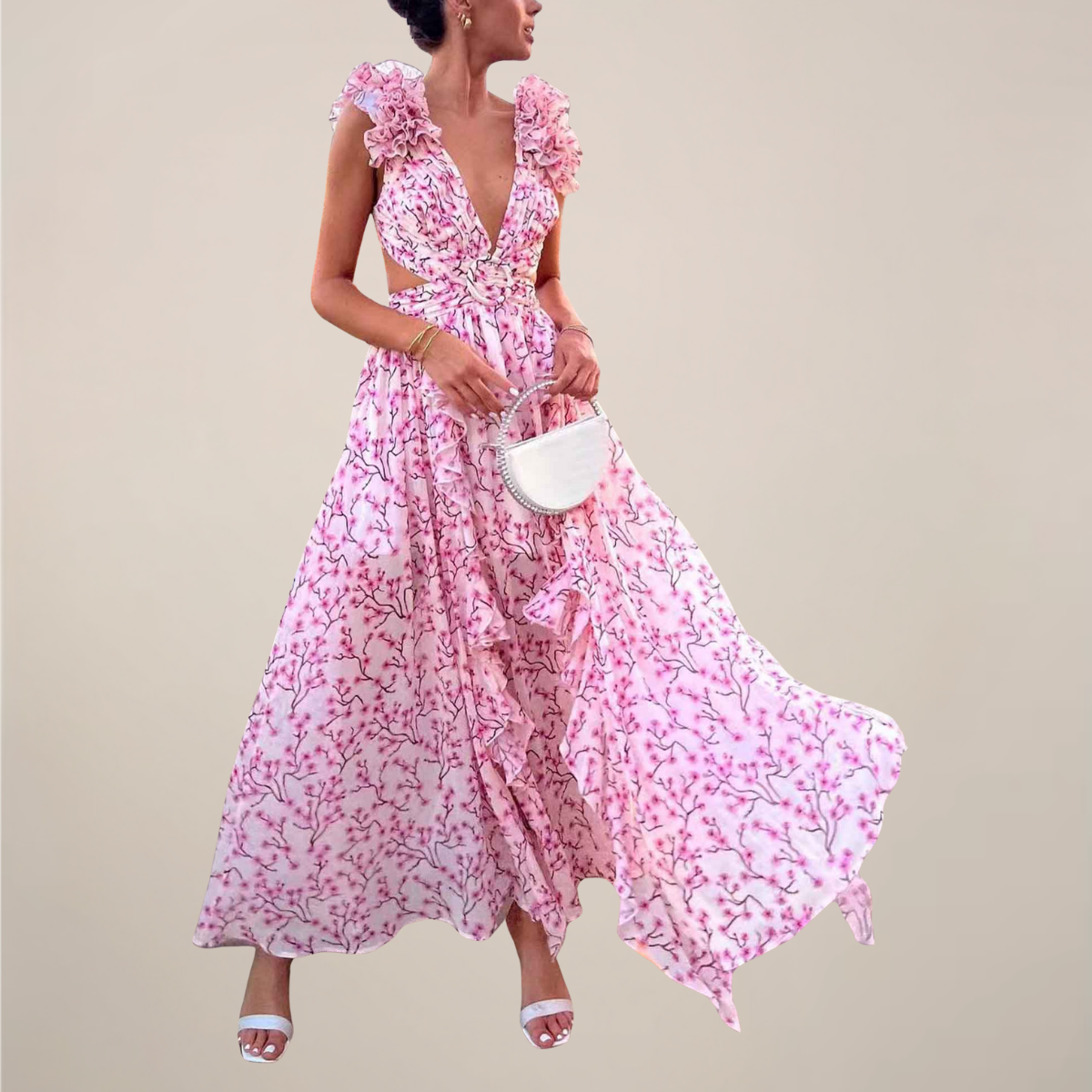 Women's maxi dress with plunging V-neck, ruffled sleeves, cut-out waist and high slit