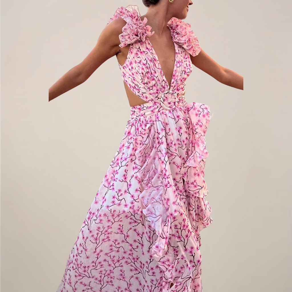 Women's maxi dress with plunging V-neck, ruffled sleeves, cut-out waist and high slit
